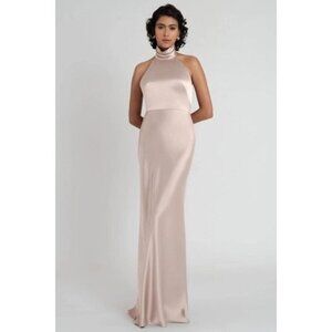 Jenny Yoo Blush Pink Satin Halter Neck Backless Women's Maxi Dress Size 6 gown